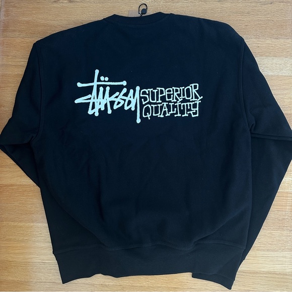 Stussy Black Crewneck Sweater with Ribbed Cuffs